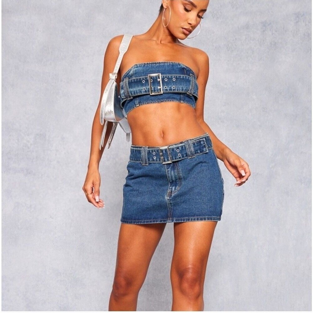 Pretty‎ Little Thing Halter Top Denim Bra Sz 10 Blue Y2k Western Grunge Milkmaid